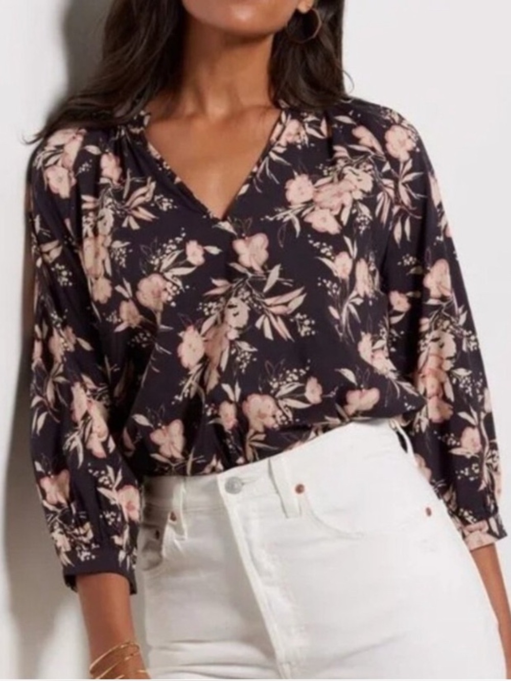 Evereve Blouse Top Womens M Stella Floral Cotton Blend Boho Peasant Black Multi